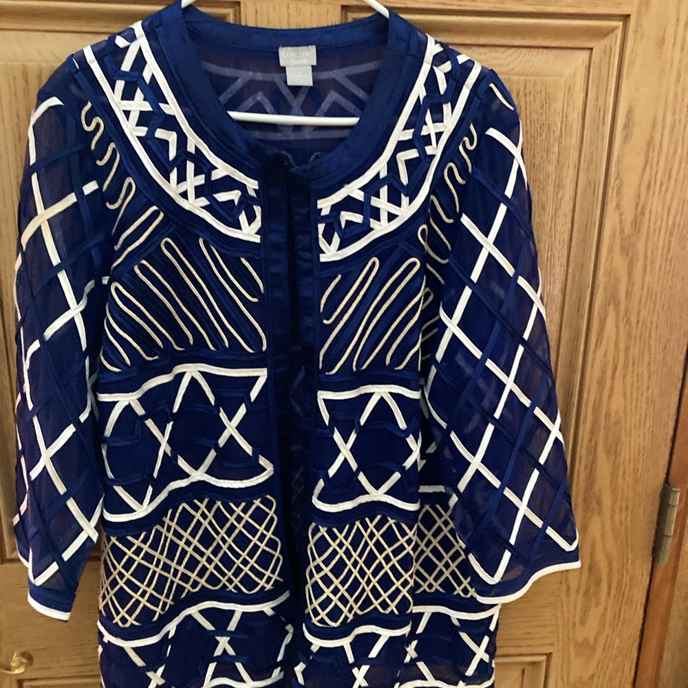 Chico's Navy, White and Cream Patterned Blazer - Jacket